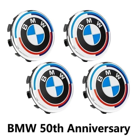 BMW 50th Anniversary wheel center caps 68mm set of 4 NWT - Picture 1 of 7